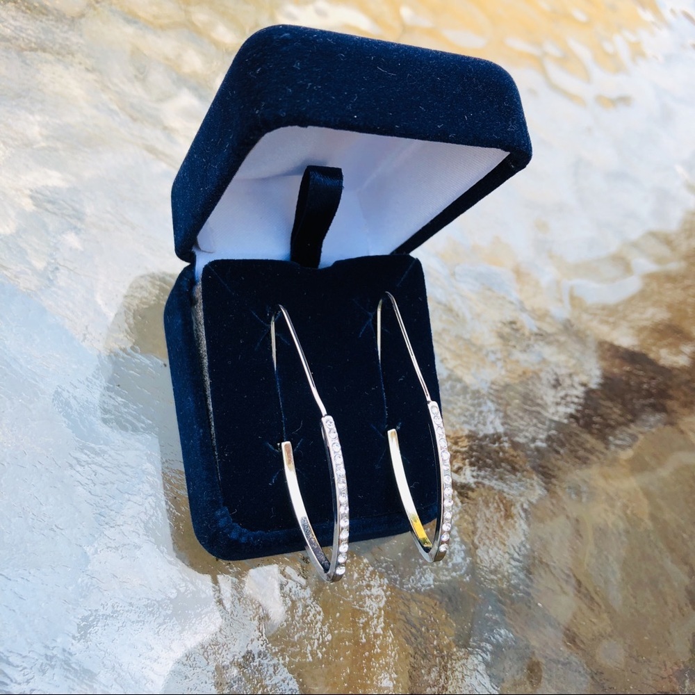 Silver Tone Crystal Geo Hoop Earrings
